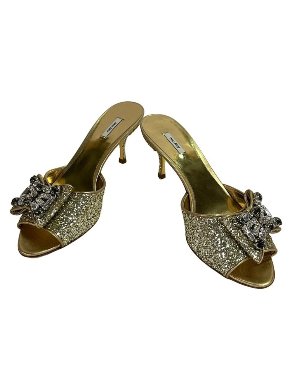 Miu Miu Mules Gold Clear Ribbon Bijou Glitter Leather - Picture 2 of 7